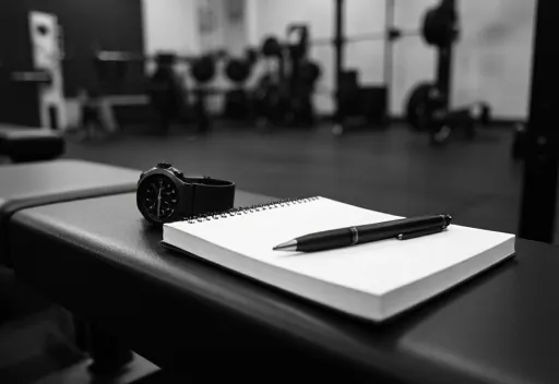 Carnet, stylo et montre sur un banc de musculation.